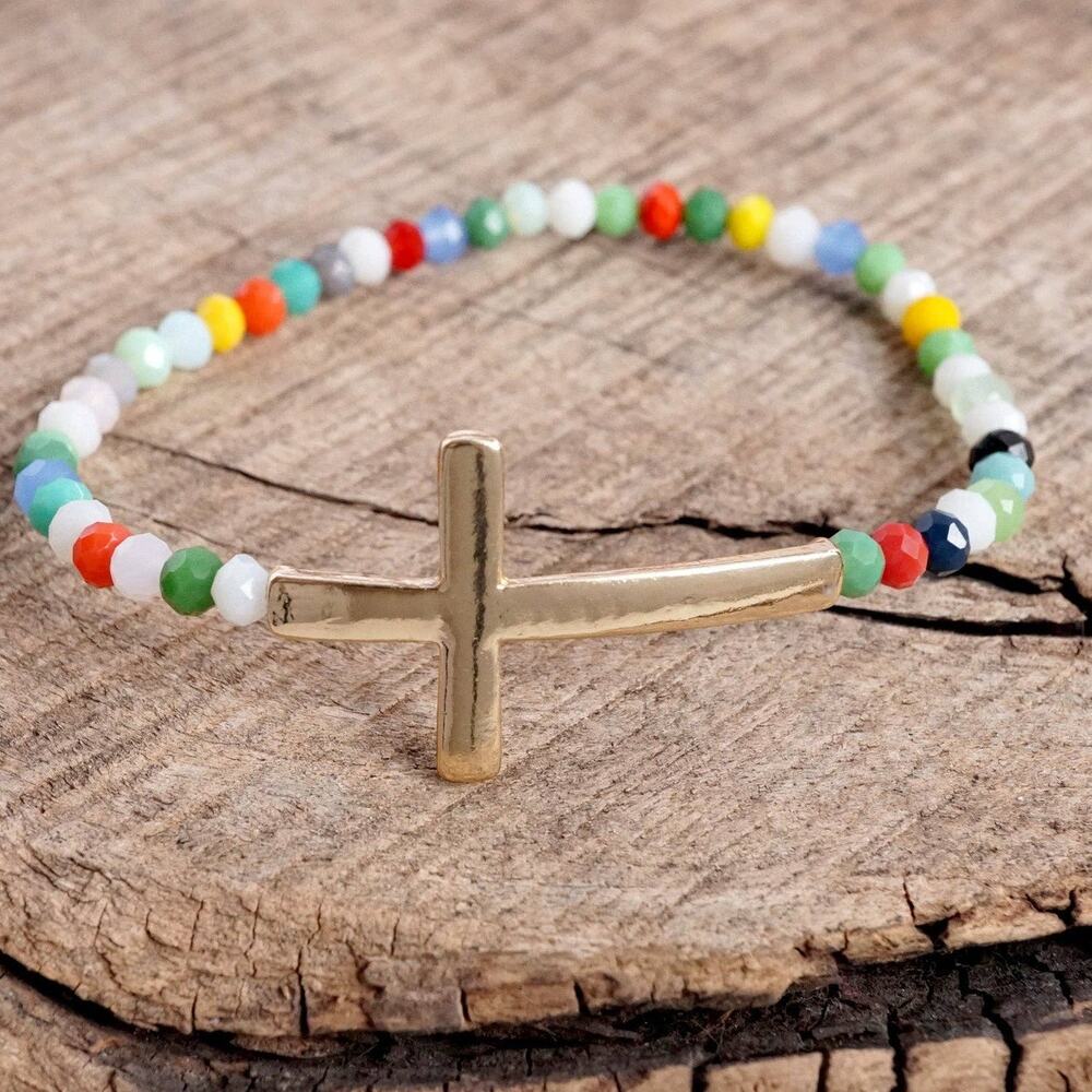 Gold Cross Multicolor Glass Beads Bracelet